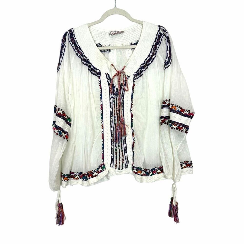 Pia Pauro Peasant Top Womens Medium White Embroidered Smocked Tassel Tie Boho